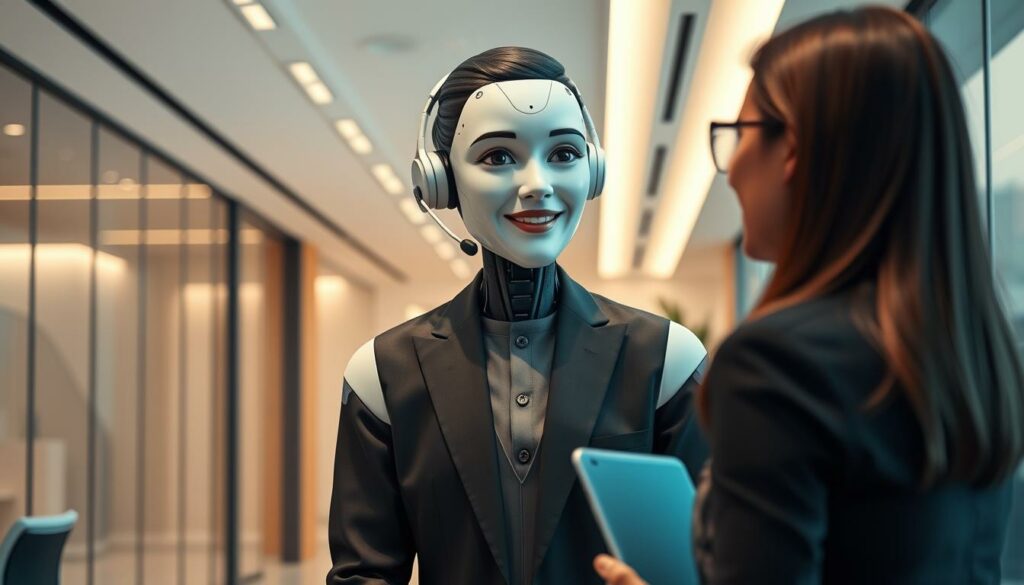 A sleek and modern office setting, with an AI-powered customer service agent interacting with a human customer. The agent, a lifelike digital avatar, is positioned at the forefront, exuding a warm and welcoming demeanor. The background features a minimalist design with clean lines, subtle lighting, and a neutral color palette that enhances the professional atmosphere. The agent's facial expression and body language convey a sense of attentiveness and empathy, reflecting the efficient and personalized nature of AI-driven customer service. The image should convey the concept of AI seamlessly integrating into the customer service experience, offering a streamlined and enhanced interaction.
