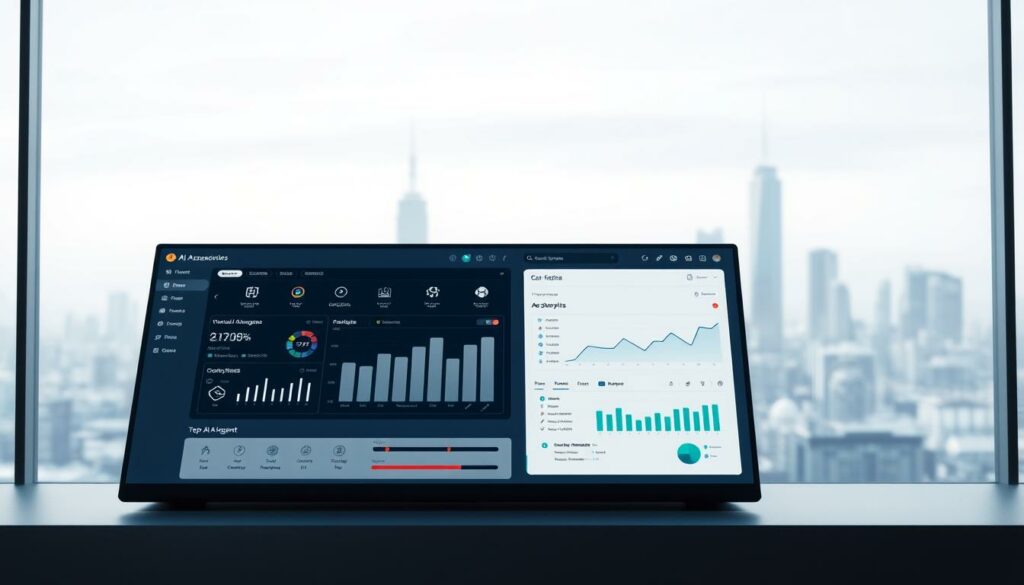 A sleek and modern software interface showcasing the top AI agent solutions. In the foreground, a clean dashboard with intuitive controls and customizable analytics. The middle ground features elegant icons and streamlined navigation, hinting at the powerful capabilities within. In the background, a minimalist cityscape or technology-inspired landscape sets the scene, conveying a sense of innovation and progress. Soft, diffused lighting creates a sophisticated atmosphere, while a subtle color palette of blues, grays, and accents of green or orange reflects the cutting-edge nature of the AI agent software. The overall impression is one of efficiency, intelligence, and a future-focused approach to business solutions.
