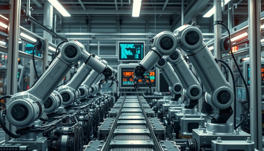 A sleek, modern machine integration system, with robotic arms seamlessly coordinating their movements in a well-lit, high-tech industrial setting. The foreground showcases the intricate mechanisms and gears of the AI-powered assembly line, while the middle ground features the smooth, silver exteriors of the robotic components. In the background, a series of blinking status displays and control panels provide real-time data and monitoring, creating an atmosphere of efficient, cutting-edge automation. Diffused lighting from above casts a warm, almost ethereal glow, emphasizing the precision and harmony of this agentic AI-driven industrial process. A sleek, modern machine integration system, with robotic arms seamlessly coordinating their movements in a well-lit, high-tech industrial setting. The foreground showcases the intricate mechanisms and gears of the AI-powered assembly line, while the middle ground features the smooth, silver exteriors of the robotic components. In the background, a series of blinking status displays and control panels provide real-time data and monitoring, creating an atmosphere of efficient, cutting-edge automation. Diffused lighting from above casts a warm, almost ethereal glow, emphasizing the precision and harmony of this agentic AI-driven industrial process.